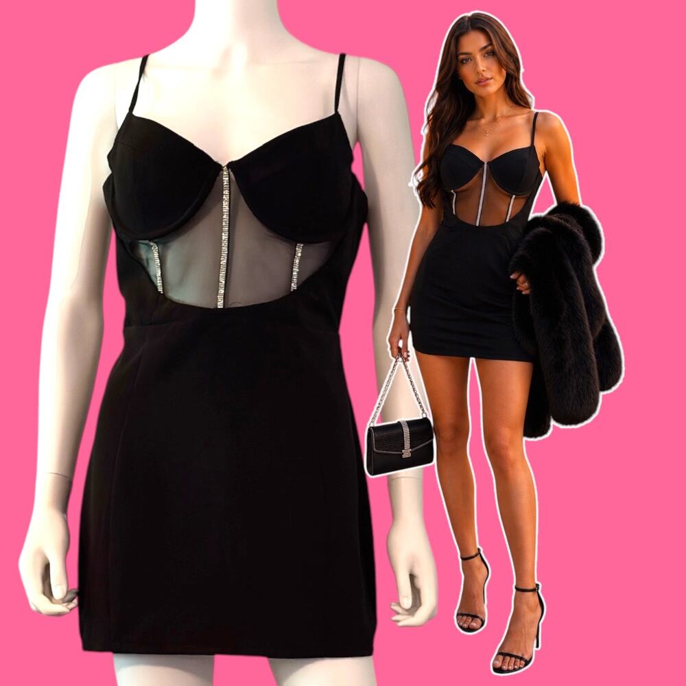 Klesis Black Rhinestone Mesh Corset Mini Dress Size Medium Glam Bodycon Party